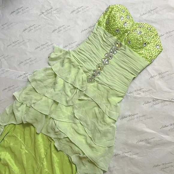 Vtg Green US 4 S Gemstone Tiered Beaded High Low Ruched Bodice Prom Gown Dress - Picture 5 of 5